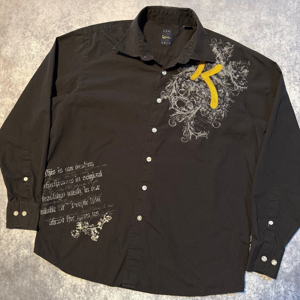 Y2K Kani Gold Mens Black Long Sleeve Button Up Shirt Graphic Print K Logo Size L